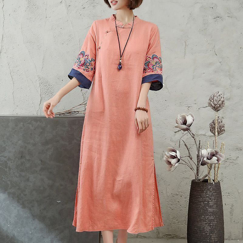 Buddha Stones Embroidery Frog-Button Half Sleeve Women's Midi Dress - LightSalmon - US14，UK/AU18，EU46 (4XL) - image 0