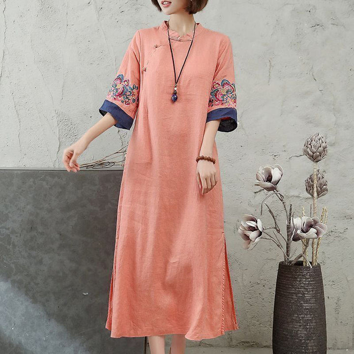 Buddha Stones Embroidery Frog-Button Half Sleeve Cotton Linen Women's Midi Dress - LightSalmon - US14，UK/AU18，EU46 (4XL) - image 0