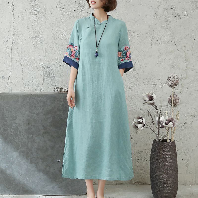 Buddha Stones Embroidery Frog-Button Half Sleeve Cotton Linen Women's Midi Dress - MediumTurquoise - US14，UK/AU18，EU46 (4XL) - image 5