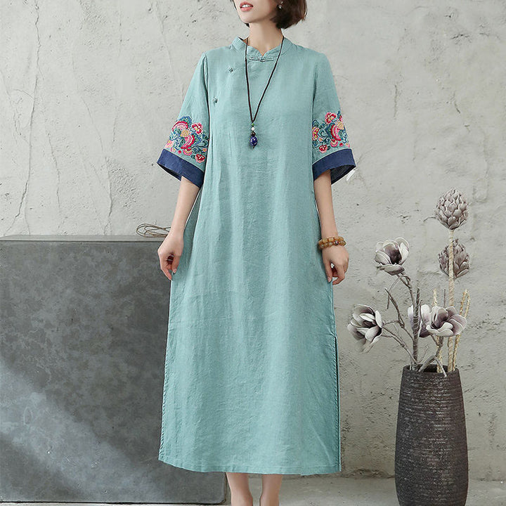 Buddha Stones Embroidery Frog-Button Half Sleeve Cotton Linen Women's Midi Dress - image 6