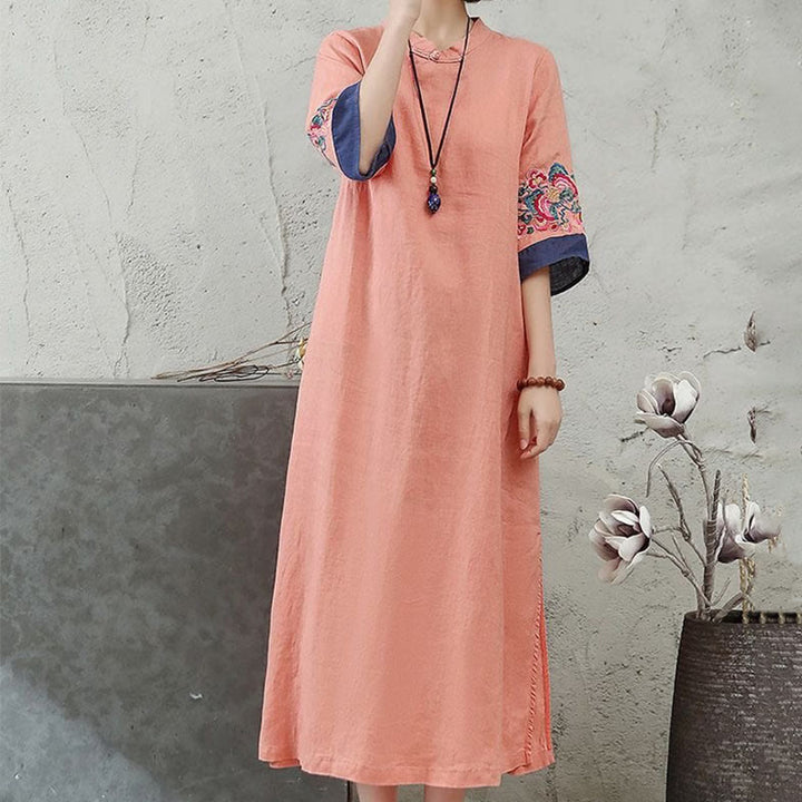 Buddha Stones Embroidery Frog-Button Half Sleeve Cotton Linen Women's Midi Dress - image 3