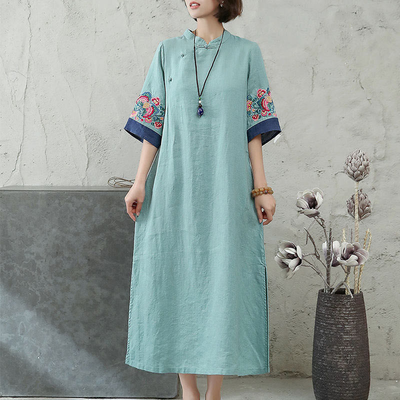 Buddha Stones Embroidery Frog-Button Half Sleeve Women's Midi Dress - image 6