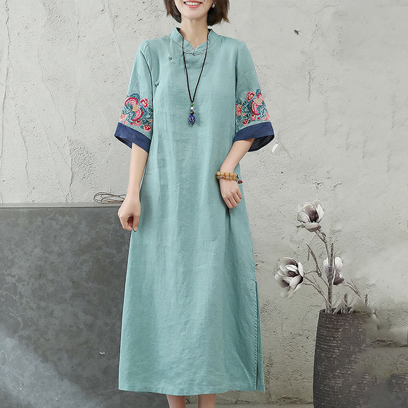 Buddha Stones Embroidery Frog-Button Half Sleeve Women's Midi Dress - image 7