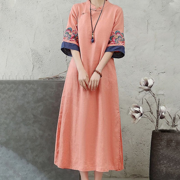 Buddha Stones Embroidery Frog-Button Half Sleeve Cotton Linen Women's Midi Dress - image 2