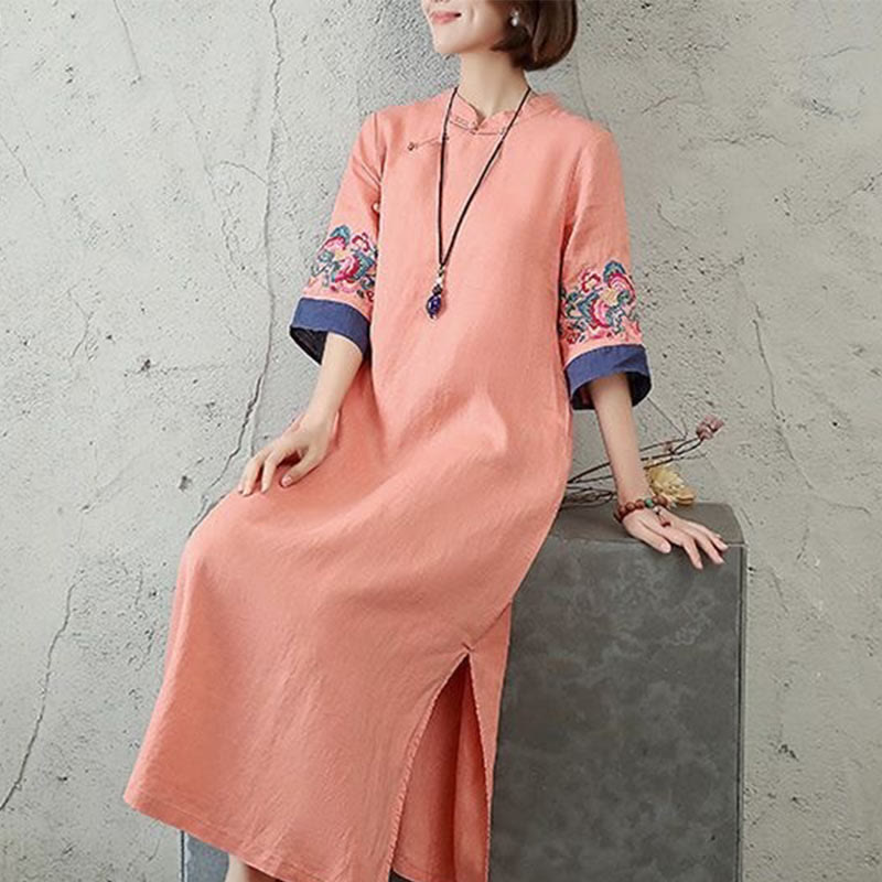 Buddha Stones Embroidery Frog-Button Half Sleeve Cotton Linen Women's Midi Dress - image 4