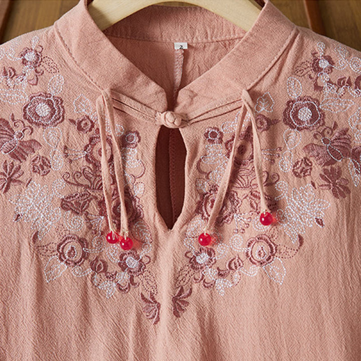 Buddha Stones Vintage Embroidery Frog-button Half Sleeve High Waist Cotton Linen Women's Midi Dress - image 14