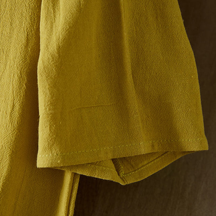 Buddha Stones Vintage Embroidery Frog-button Half Sleeve High Waist Cotton Linen Women's Midi Dress - image 3