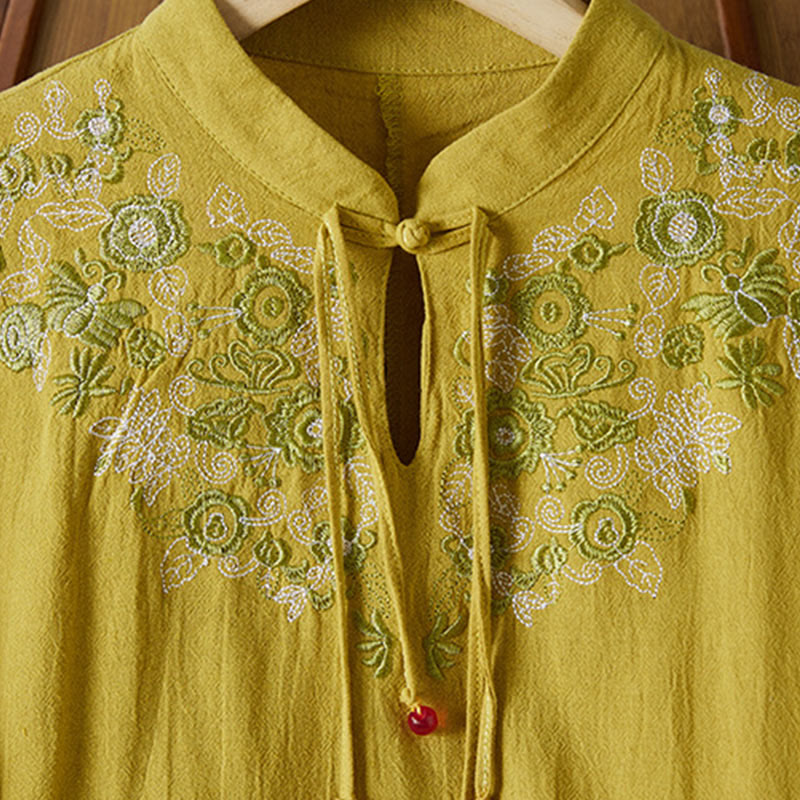 Buddha Stones Vintage Embroidery Frog-button Half Sleeve High Waist Cotton Linen Women's Midi Dress - image 2