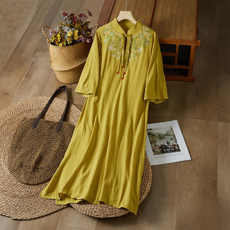 Buddha Stones Vintage Embroidery Frog-button Half Sleeve High Waist Cotton Linen Women's Midi Dress - Goldenrod - US16，UK/AU20，EU48 (5XL) - image 0