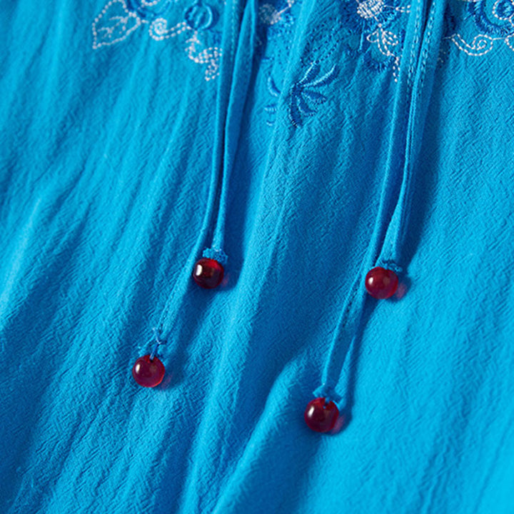 Buddha Stones Vintage Embroidery Frog-button Half Sleeve High Waist Cotton Linen Women's Midi Dress - image 21