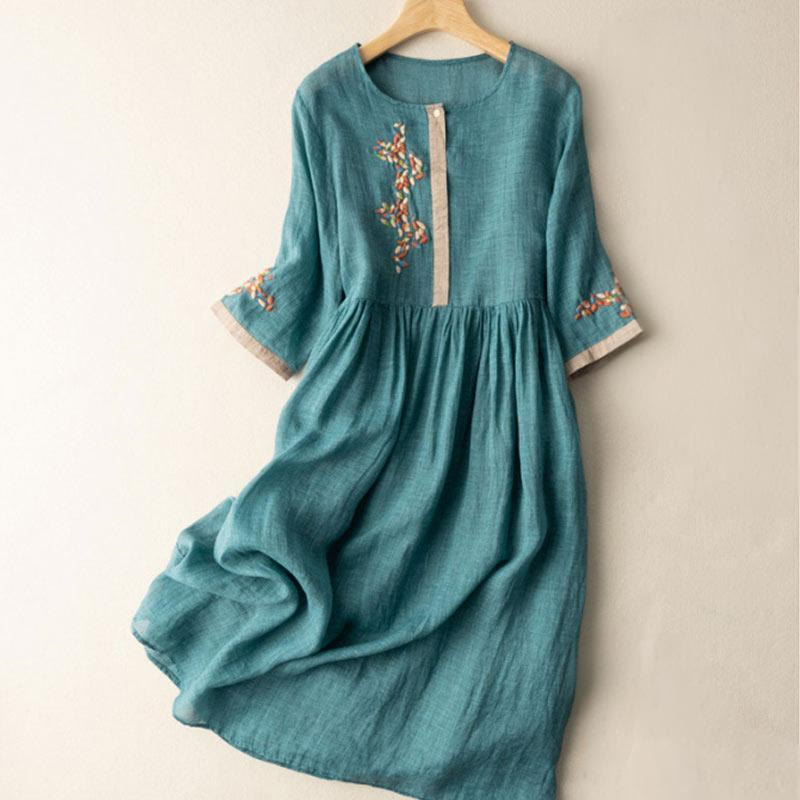Buddha Stones Spring Ethnic Embroidery Half Sleeve Cotton Linen Women's Midi Dress - Teal - US8-10，UK/AU12-14，EU40-42 (2XL) - image 6