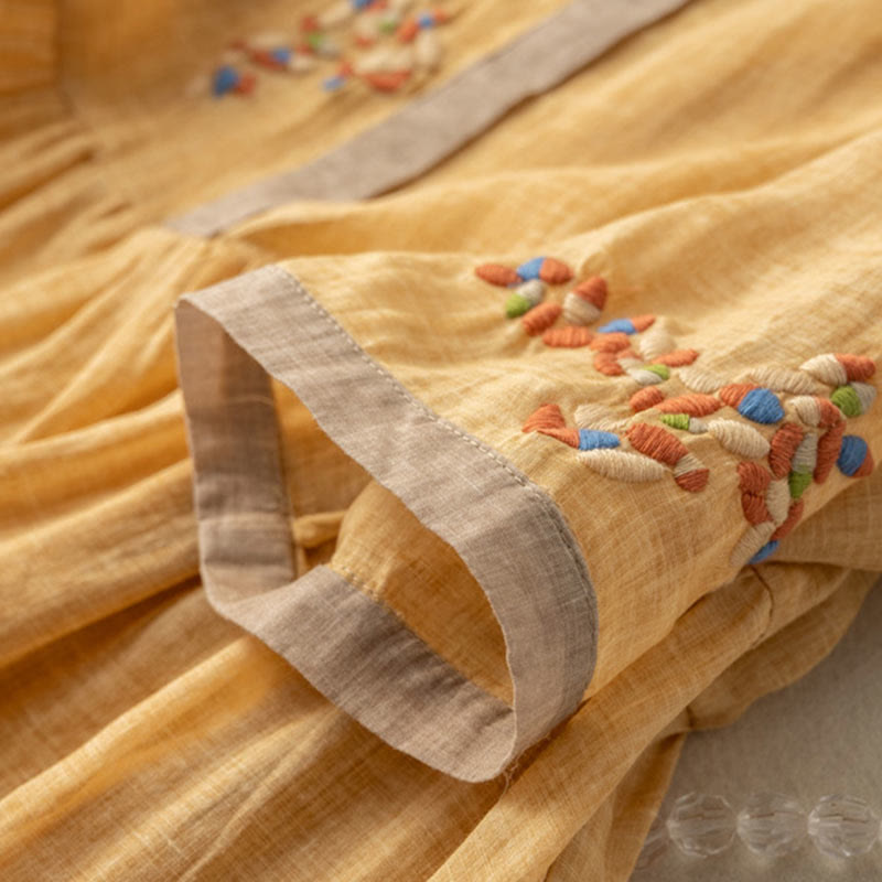 Buddha Stones Spring Ethnic Embroidery Half Sleeve Cotton Linen Women's Midi Dress - image 4