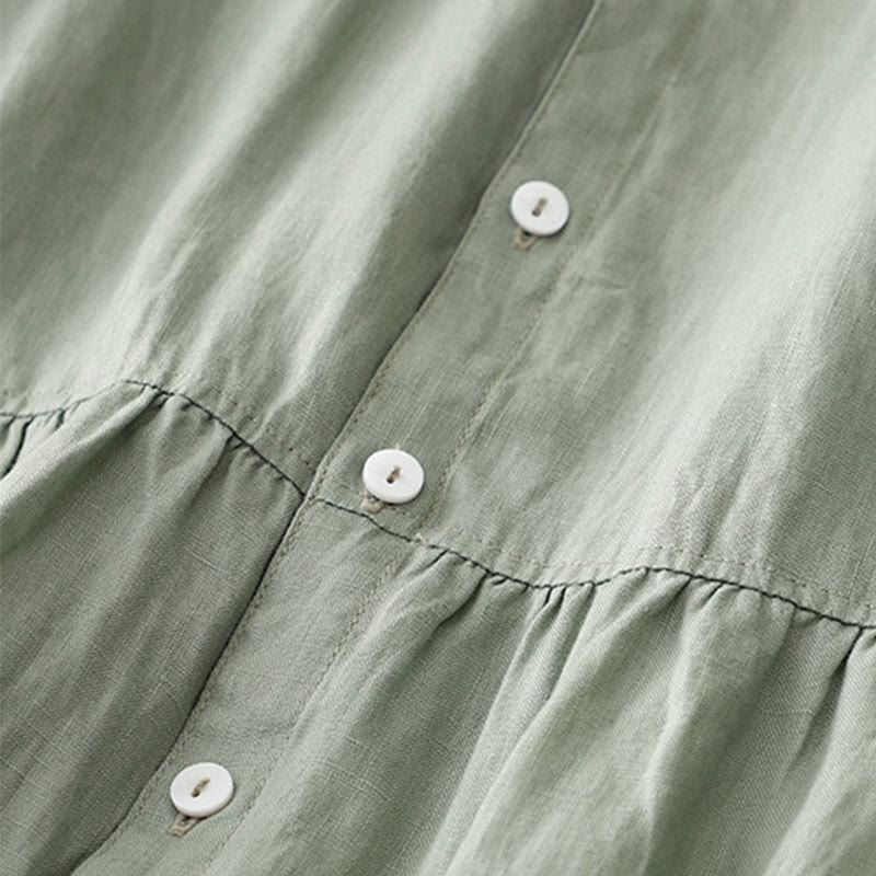 Buddha Stones Casual Plain Button Crew Ruffle Neck Short Sleeve Cotton Linen Women's Midi Dress - image 4