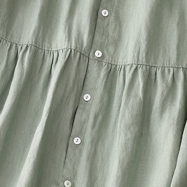 Buddha Stones Casual Plain Button Crew Ruffle Neck Short Sleeve Cotton Linen Women's Midi Dress - image 5