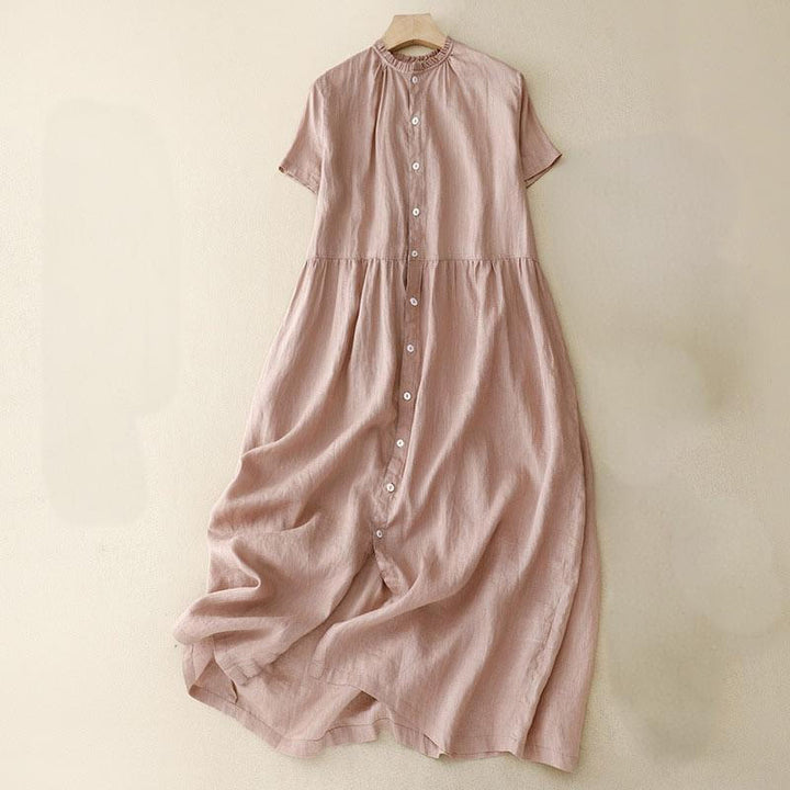 Buddha Stones Casual Plain Button Crew Ruffle Neck Short Sleeve Cotton Linen Women's Midi Dress - LightPink - US14，UK/AU18，EU46 (2XL) - image 14