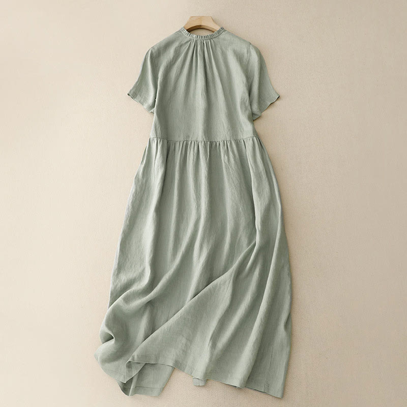 Buddha Stones Casual Plain Button Crew Ruffle Neck Short Sleeve Cotton Linen Women's Midi Dress - image 1