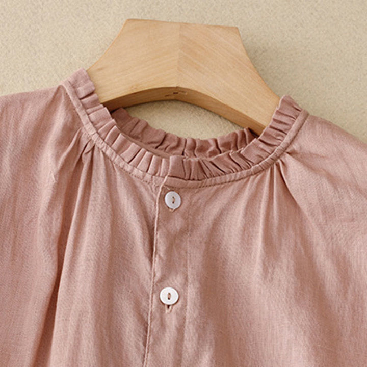 Buddha Stones Casual Plain Button Crew Ruffle Neck Short Sleeve Cotton Linen Women's Midi Dress - image 15