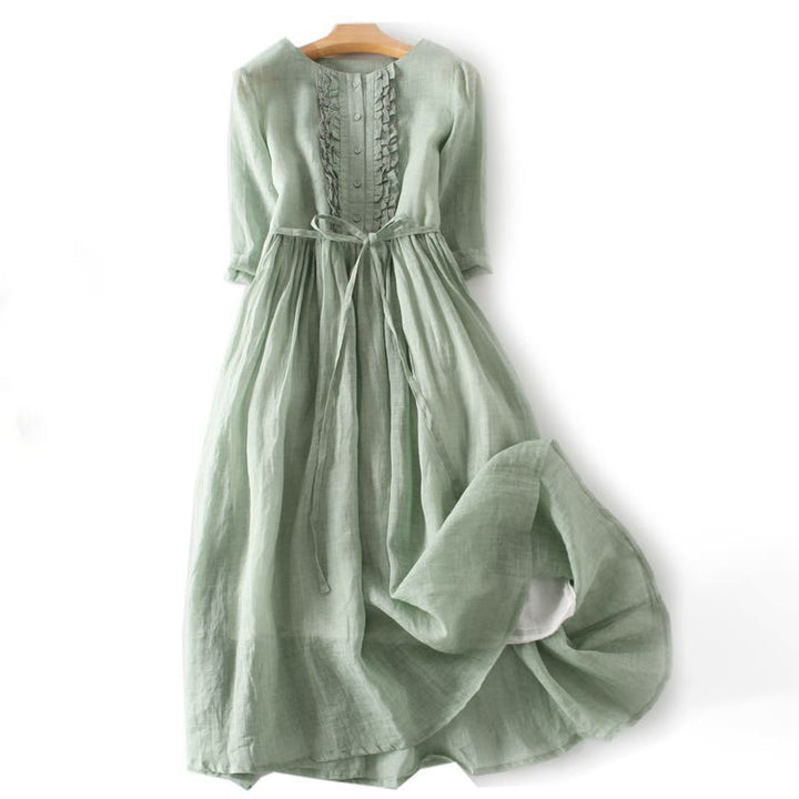 Buddha Stones Casual Plain Ruffle Design Short Sleeve Lace-Up Women's Midi Dress With Pockets - LightGreen - US8-10，UK/AU12-14，EU40-42 (2XL) - image 0