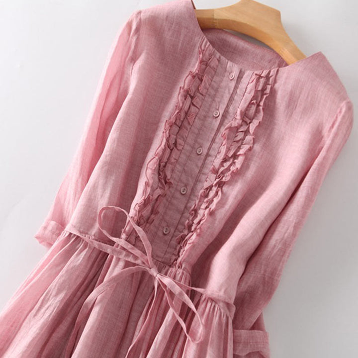 Buddha Stones Casual Plain Ruffle Design Short Sleeve Lace-Up Women's Midi Dress With Pockets - image 9