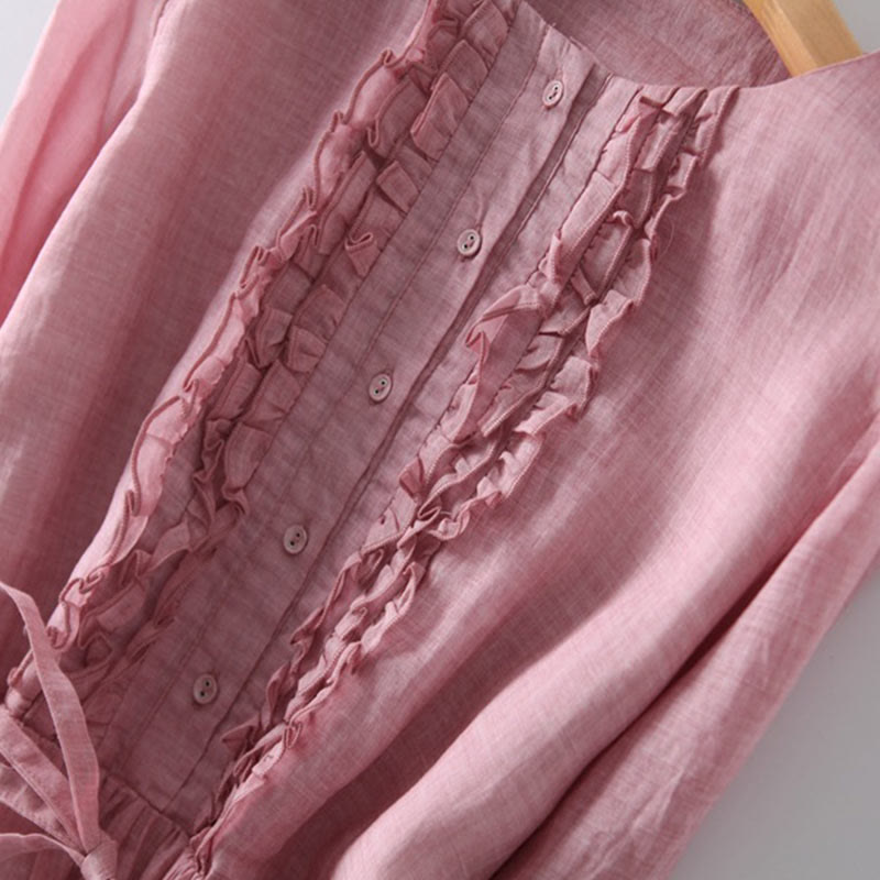 Buddha Stones Casual Plain Ruffle Design Short Sleeve Lace-Up Women's Midi Dress With Pockets - image 12