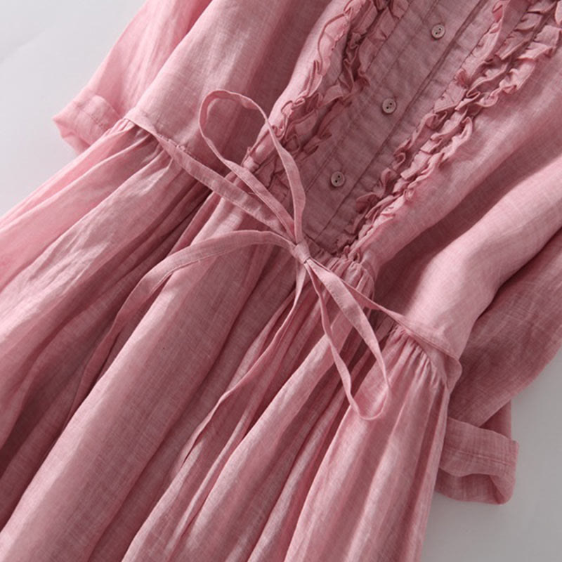 Buddha Stones Casual Plain Ruffle Design Short Sleeve Lace-Up Women's Midi Dress With Pockets - image 11