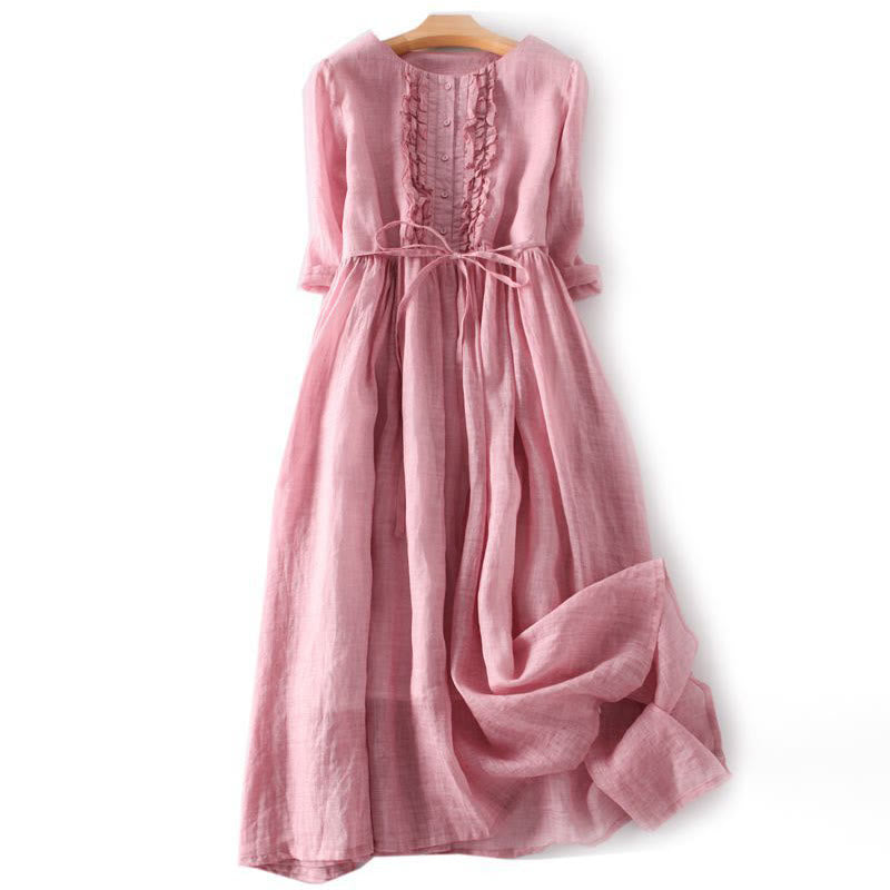 Buddha Stones Casual Plain Ruffle Design Short Sleeve Lace-Up Women's Midi Dress With Pockets - LightCoral - US8-10，UK/AU12-14，EU40-42 (2XL) - image 8