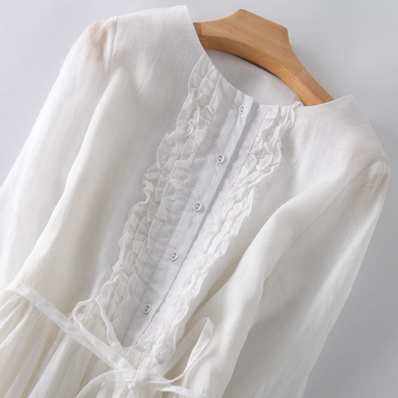 Buddha Stones Casual Plain Ruffle Design Short Sleeve Lace-Up Women's Midi Dress With Pockets - image 15