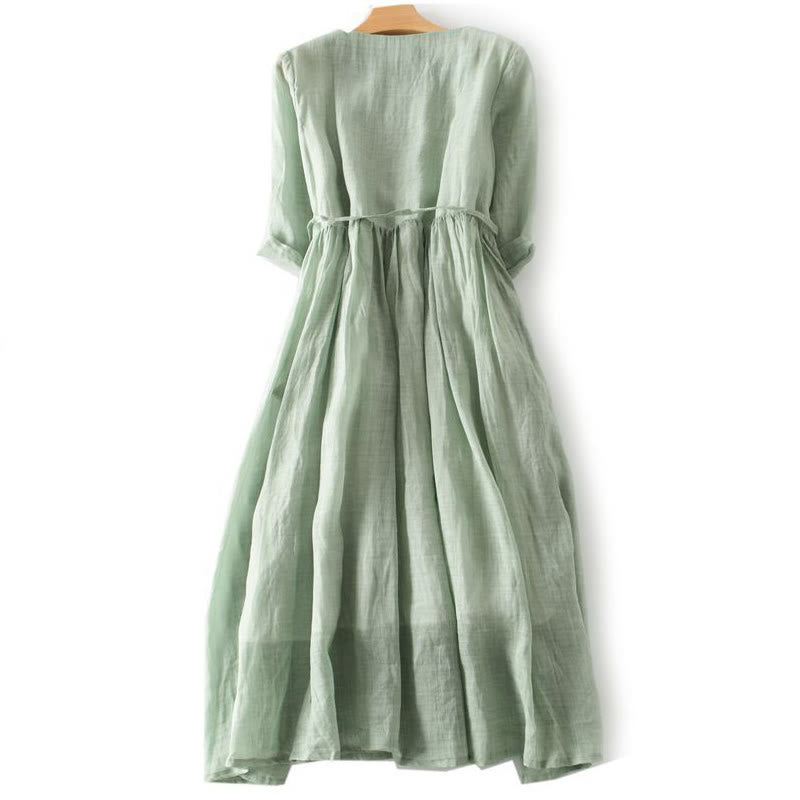 Buddha Stones Casual Plain Ruffle Design Short Sleeve Lace-Up Women's Midi Dress With Pockets - image 1