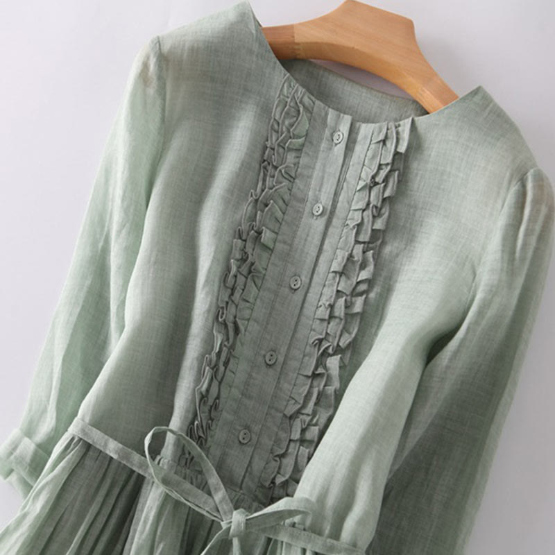 Buddha Stones Casual Plain Ruffle Design Short Sleeve Lace-Up Women's Midi Dress With Pockets - image 2