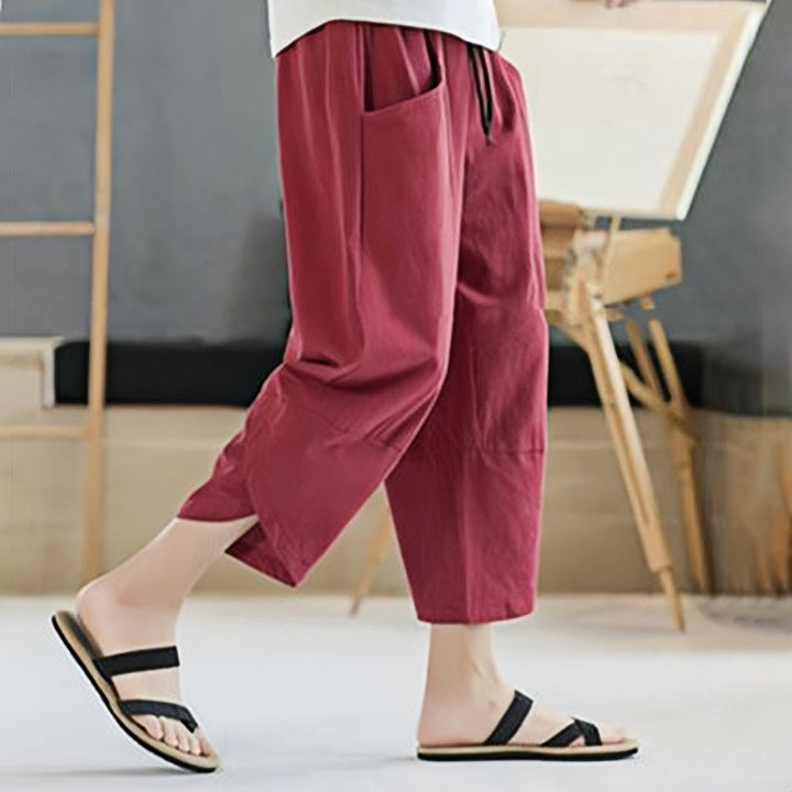 Buddha Stones Summer Men's Solid Color 7-8 Length Cotton Linen Drawstring Pants With Pockets - image 32