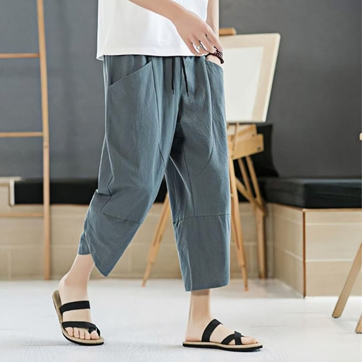 Buddha Stones Summer Men's Solid Color 7-8 Length Drawstring Pants With Pockets - image 4