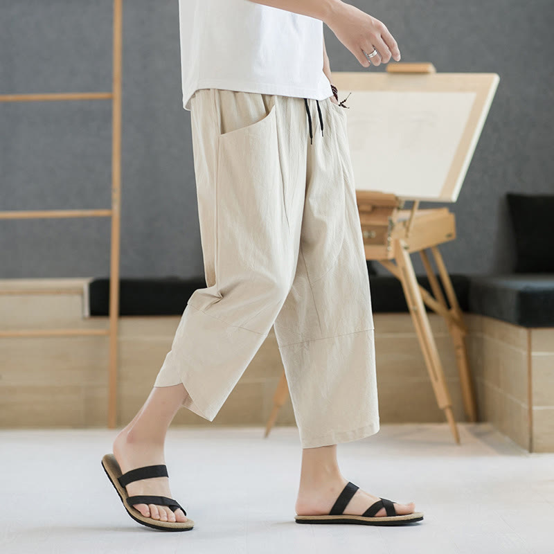 Buddha Stones Summer Men's Solid Color 7-8 Length Drawstring Pants With Pockets - image 38