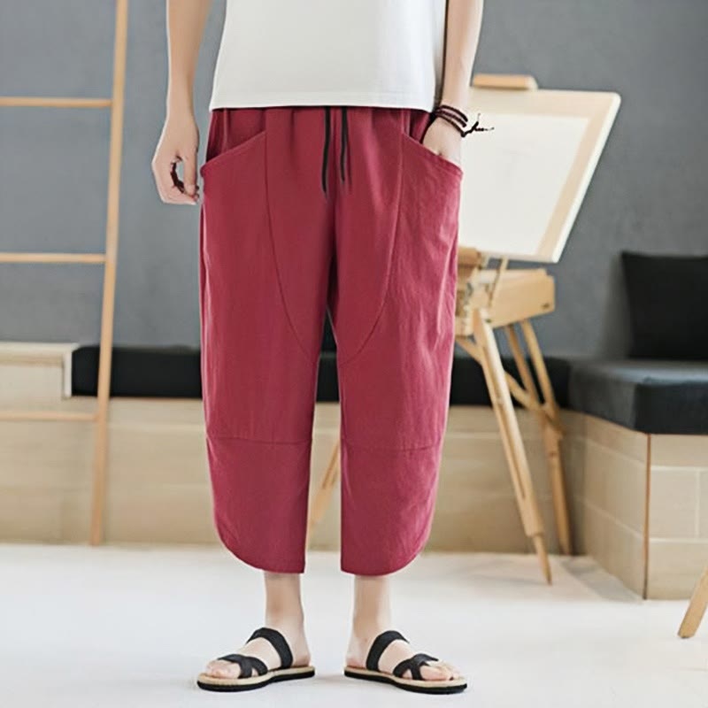 Buddha Stones Summer Men's Solid Color 7-8 Length Drawstring Pants With Pockets - image 29