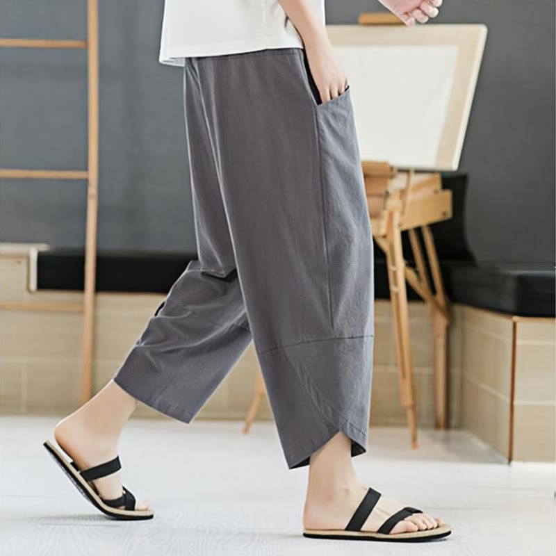 Buddha Stones Summer Men's Solid Color 7-8 Length Cotton Linen Drawstring Pants With Pockets - image 16