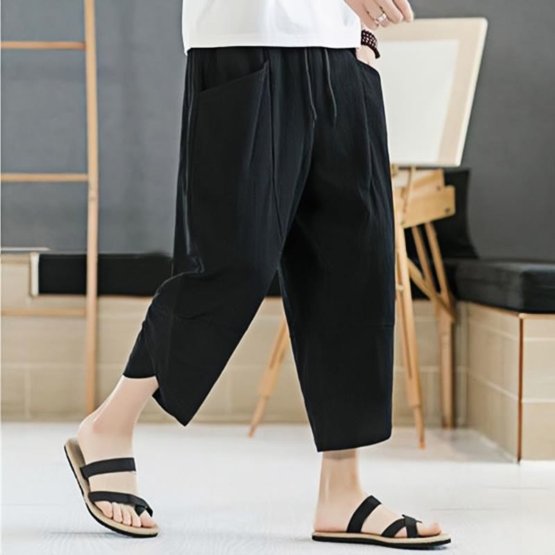 Buddha Stones Summer Men's Solid Color 7-8 Length Cotton Linen Drawstring Pants With Pockets - image 9