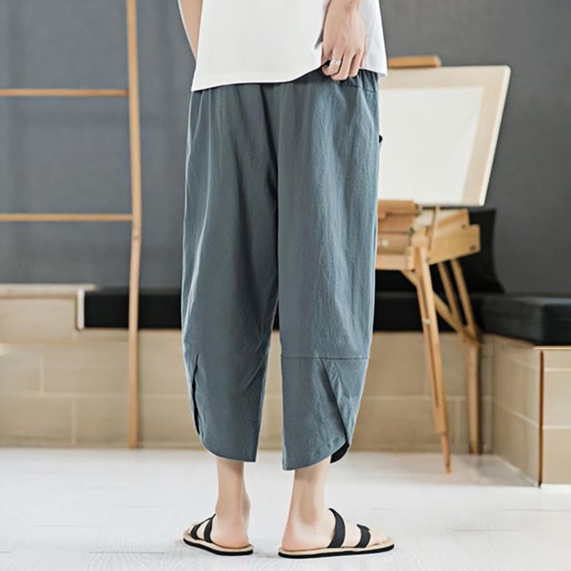 Buddha Stones Summer Men's Solid Color 7-8 Length Cotton Linen Drawstring Pants With Pockets