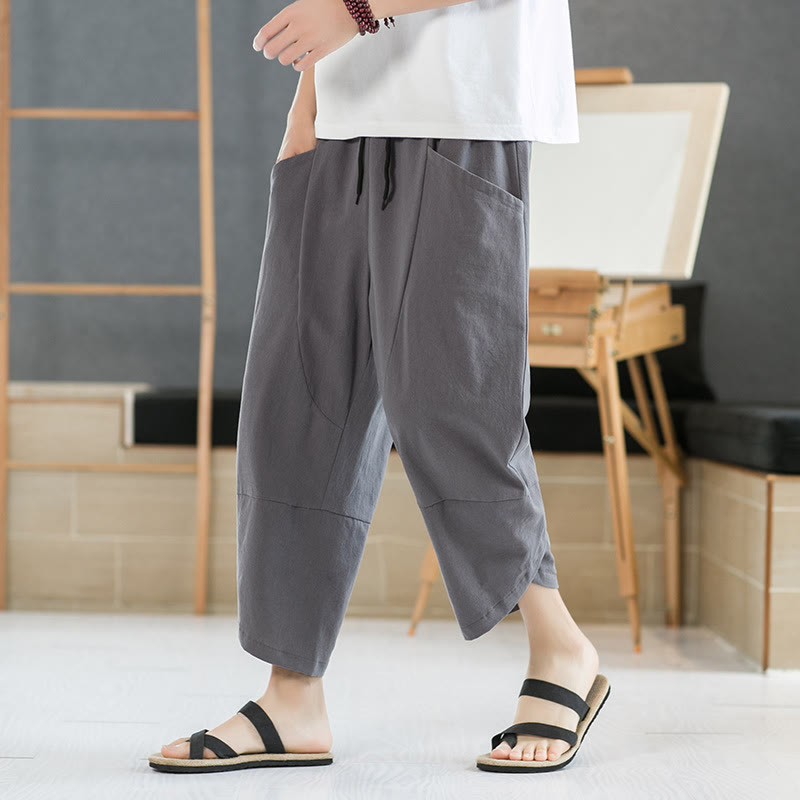 Buddha Stones Summer Men's Solid Color 7-8 Length Cotton Linen Drawstring Pants With Pockets - Gray - US/UK/AU46，EU56 (5XL) - image 13