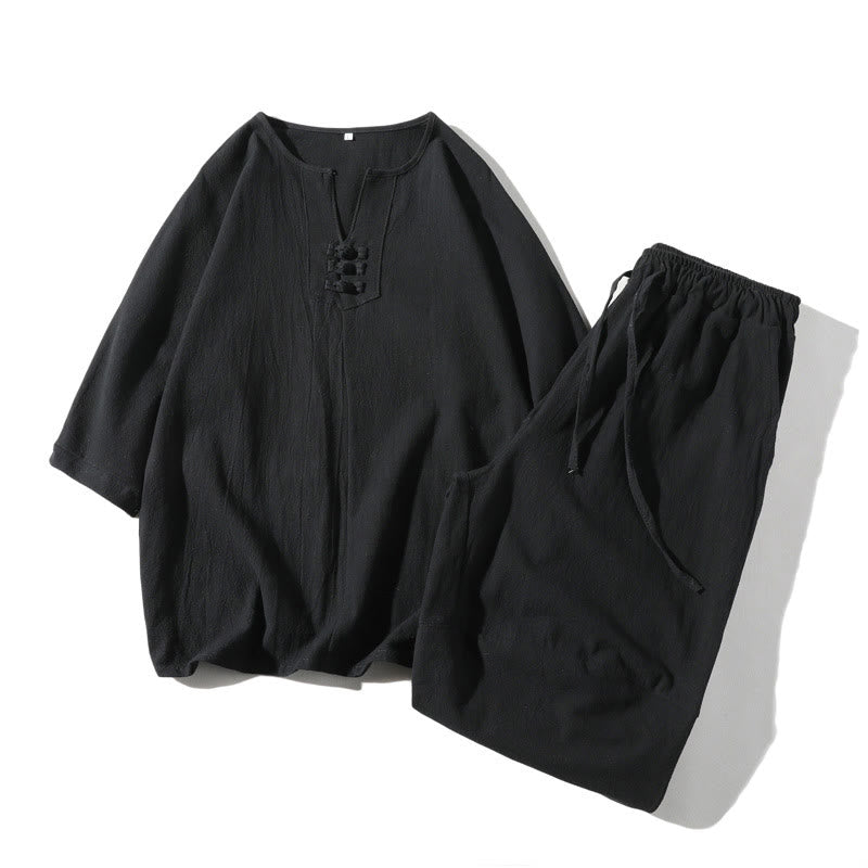 Buddha Stones 2Pcs Plain Notched Collar T-Shirt Wide Leg Shorts With Pockets Men's Meditation Cloth Set - Black - US/UK/AU46，EU56 (5XL) - image 17