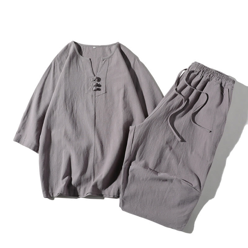 Buddha Stones 2Pcs Plain Notched Collar T-Shirt Wide Leg Shorts With Pockets Men's Meditation Cloth Set - Silver - US/UK/AU46，EU56 (5XL) - image 19