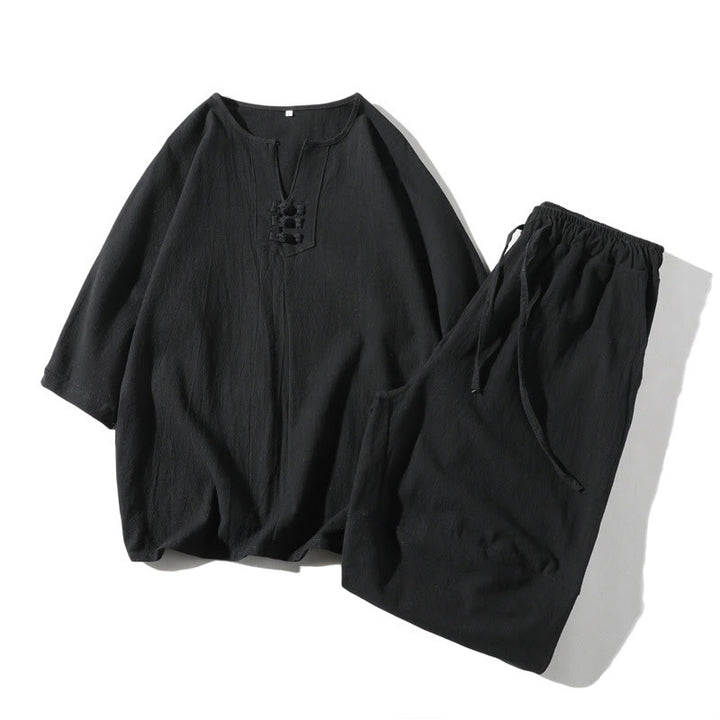 Buddha Stones 2Pcs Plain Notched Collar T-Shirt Wide Leg Shorts With Pockets Men's Meditation Cloth Set - Black - US/UK/AU46，EU56 (5XL) - image 18