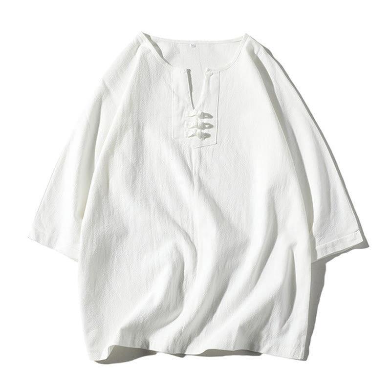 Buddha Stones 2Pcs Plain Notched Collar T-Shirt Wide Leg Shorts With Pockets Men's Meditation Cloth Set - image 15