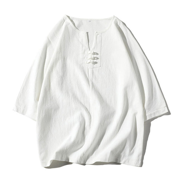 Buddha Stones 2Pcs Plain Notched Collar T-Shirt Wide Leg Shorts With Pockets Men's Meditation Cloth Set - image 16