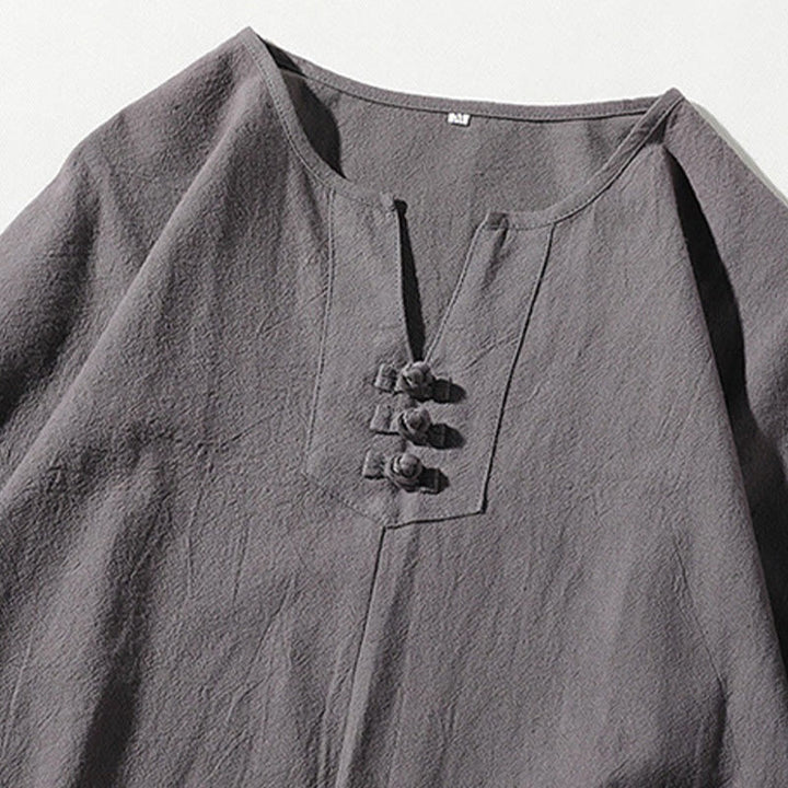 Buddha Stones 2Pcs Plain Notched Collar T-Shirt Wide Leg Shorts With Pockets Men's Meditation Cloth Set - image 4
