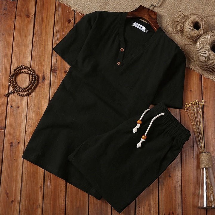 Buddha Stones 2Pcs Plain Notched Collar Short Sleeve T-Shirt Shorts With Pockets Cotton Linen Men's Meditation Cloth Set - Black - US/UK/AU46，EU56 (5XL) - image 4