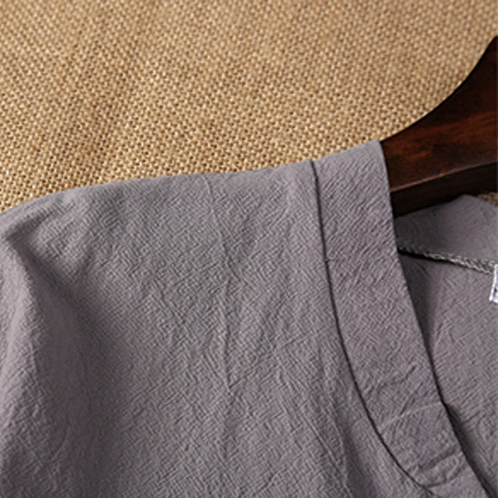 Buddha Stones 2Pcs Plain Notched Collar Short Sleeve T-Shirt Shorts With Pockets Cotton Linen Men's Meditation Cloth Set - image 10