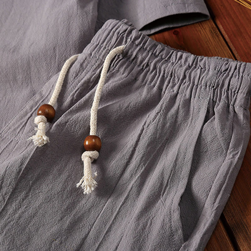 Buddha Stones 2Pcs Plain Notched Collar Short Sleeve T-Shirt Shorts With Pockets Cotton Linen Men's Meditation Cloth Set - image 14