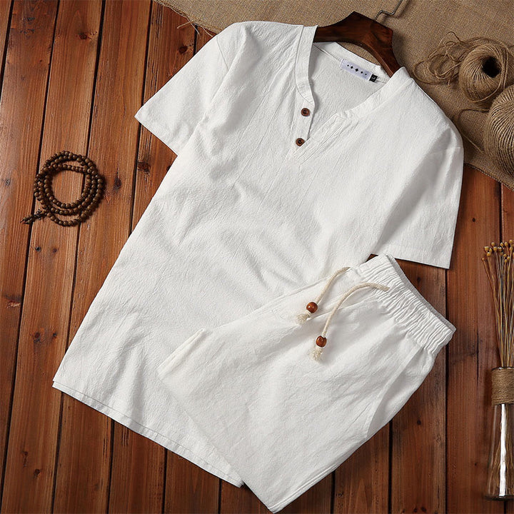 Buddha Stones 2Pcs Plain Notched Collar Short Sleeve T-Shirt Shorts With Pockets Cotton Linen Men's Meditation Cloth Set - White - US/UK/AU46，EU56 (5XL) - image 1