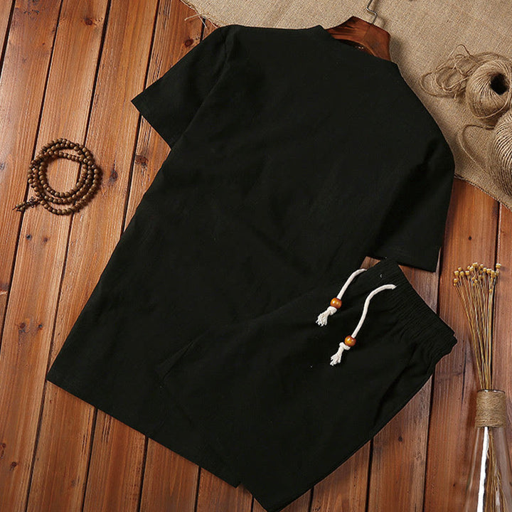Buddha Stones 2Pcs Plain Notched Collar Short Sleeve T-Shirt Shorts With Pockets Cotton Linen Men's Meditation Cloth Set - image 5