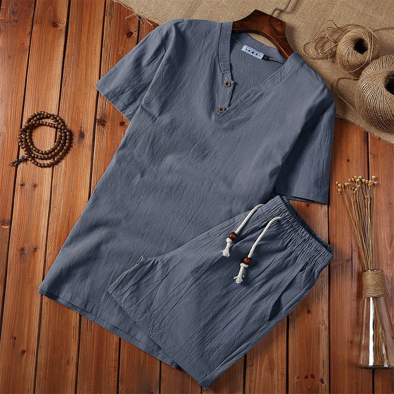 Buddha Stones 2Pcs Plain Notched Collar Short Sleeve T-Shirt Shorts With Pockets Cotton Linen Men's Meditation Cloth Set - SlateGray - US/UK/AU46，EU56 (5XL) - image 7