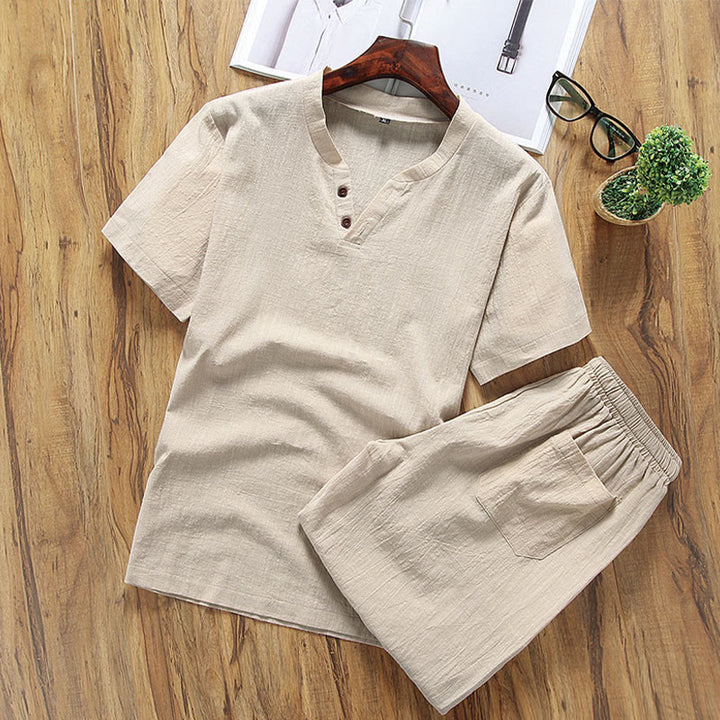 Buddha Stones Casual 2Pcs Plain Sleeve T-Shirt Shorts With Pockets Cotton Linen Men's Meditation Cloth Set - PaleGoldenrod - US/UK/AU46，EU56 (5XL) - image 1